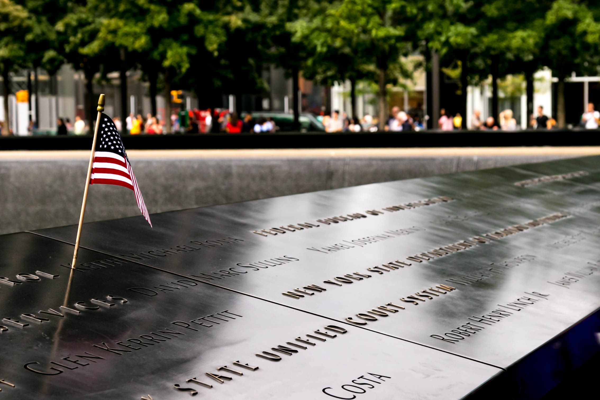 9/11 Memorial in NYC with American Flag